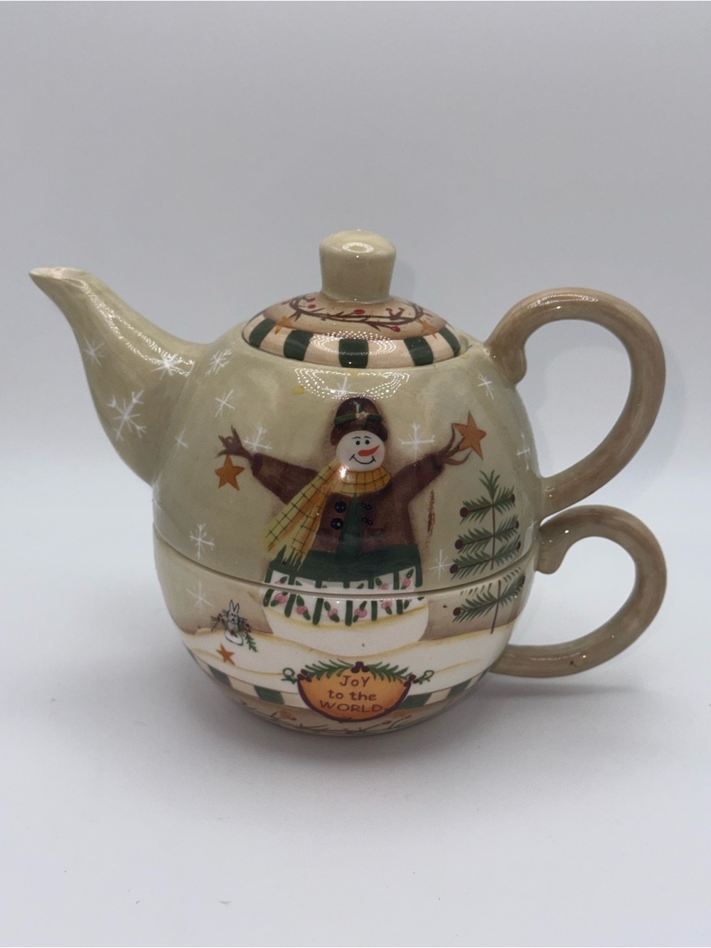 Beige Snowman Ceramic “Tea For One” Teapot and Cup Set - Holiday Joy